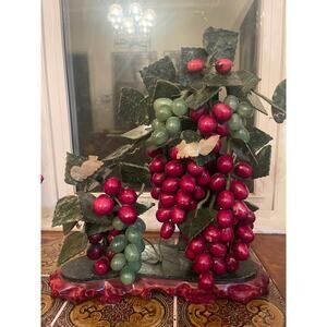 MCM Green & Purple Jade Grapes Carved Leaves Cluster Fruit Wood Base Stunning!